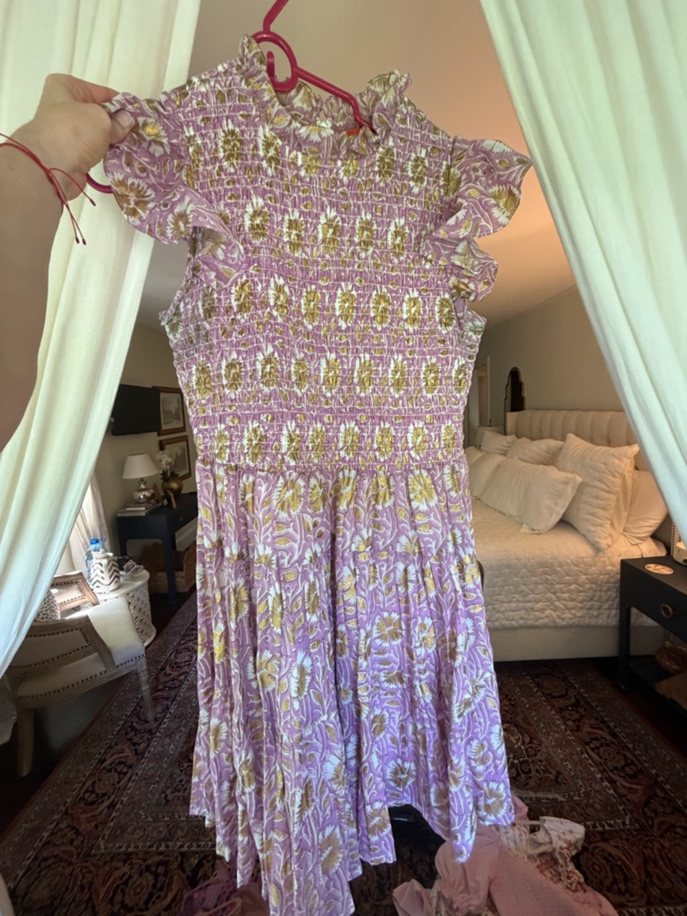 Oliphant Smocked Lavender Gold  Floral Ruffle Dress